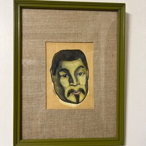 Unusual original art 1940s floating green head with bright green frame
